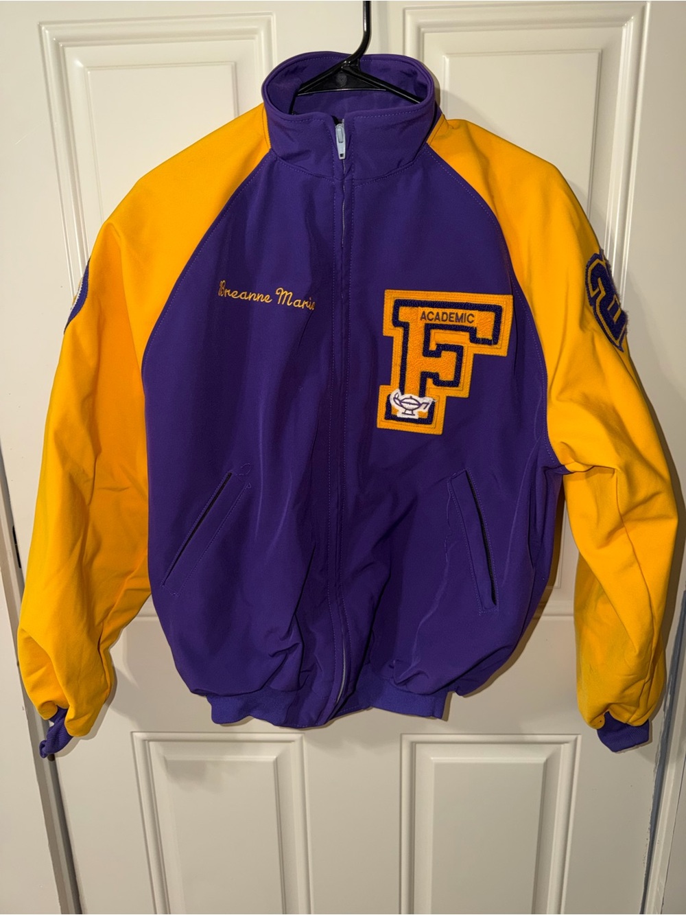 Varsity Letterman Jacket in Purple and Gold
